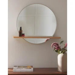 Espejo De Pared Redondo Con Estante De Madera Kenny