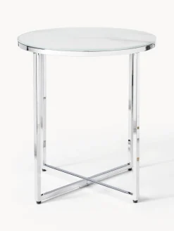 Mesa Auxiliar Redonda Antigua, Tablero De Vidrio En Aspecto Marmol