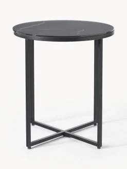 Mesa Auxiliar Redonda Antigua, Tablero De Vidrio En Aspecto Marmol