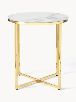 Mesa Auxiliar Redonda Antigua, Tablero De Vidrio En Aspecto Marmol