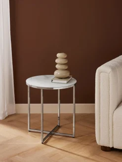 Mesa Auxiliar Redonda Antigua, Tablero De Vidrio En Aspecto Marmol