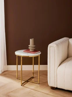 Mesa Auxiliar Redonda Antigua, Tablero De Vidrio En Aspecto Marmol