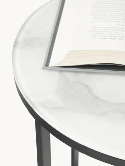 Mesa Auxiliar Redonda Antigua, Tablero De Vidrio En Aspecto Marmol