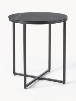 Mesa Auxiliar Redonda Antigua, Tablero De Vidrio En Aspecto Marmol