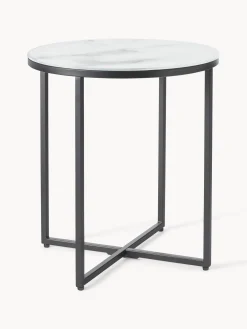 Mesa Auxiliar Redonda Antigua, Tablero De Vidrio En Aspecto Marmol