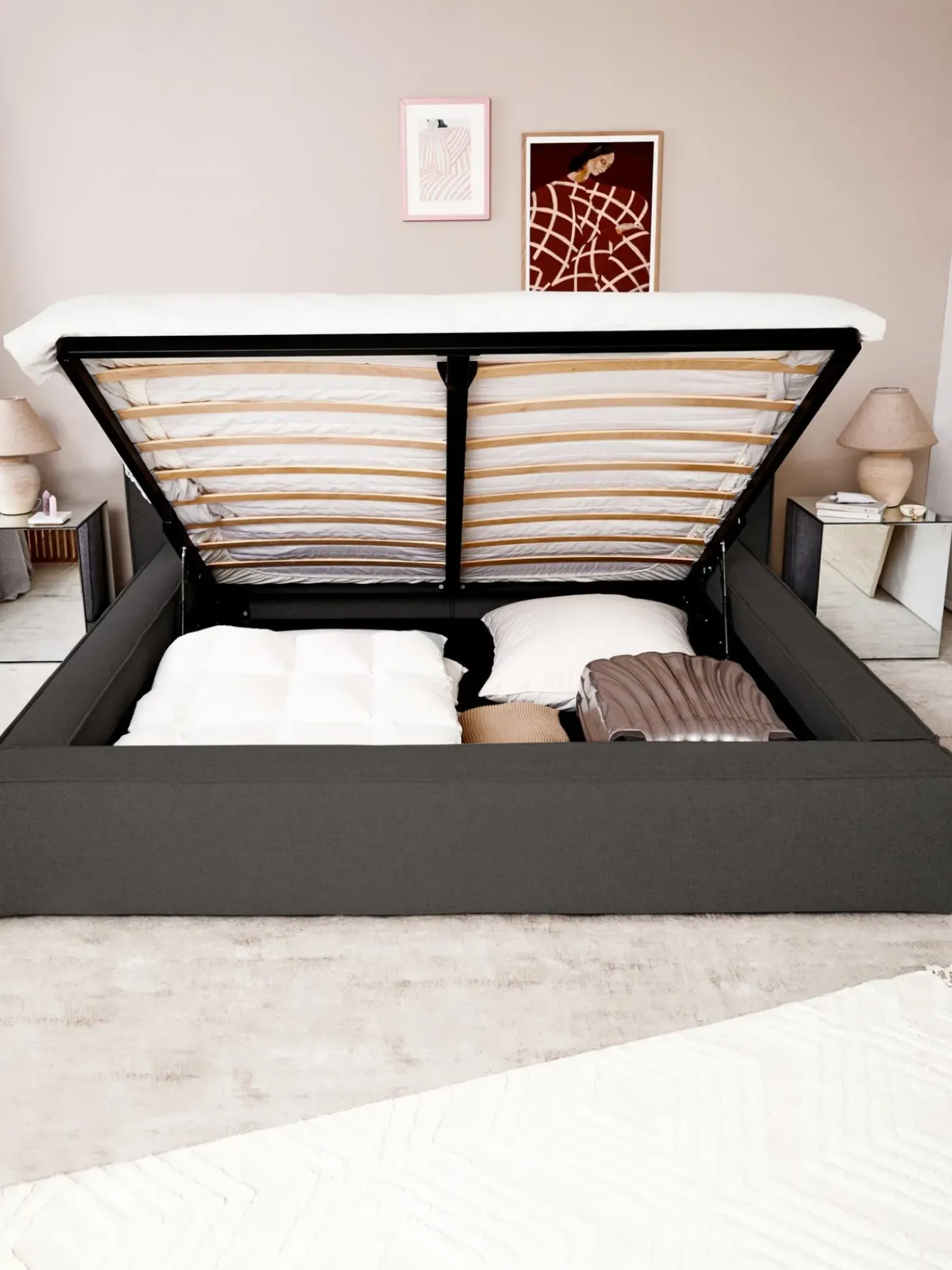 Cama Tapizada Lennon, Con Espacio De Almacenamiento