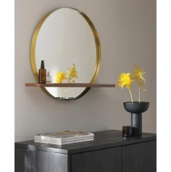 Espejo De Pared Redondo Con Estante De Madera Kenny