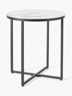 Mesa Auxiliar Redonda Antigua, Tablero De Vidrio En Aspecto Marmol