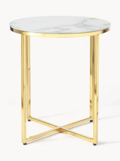 Mesa Auxiliar Redonda Antigua, Tablero De Vidrio En Aspecto Marmol