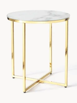 Mesa Auxiliar Redonda Antigua, Tablero De Vidrio En Aspecto Marmol