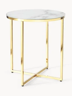 Mesa Auxiliar Redonda Antigua, Tablero De Vidrio En Aspecto Marmol