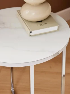 Mesa Auxiliar Redonda Antigua, Tablero De Vidrio En Aspecto Marmol