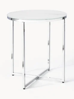 Mesa Auxiliar Redonda Antigua, Tablero De Vidrio En Aspecto Marmol