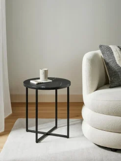 Mesa Auxiliar Redonda Antigua, Tablero De Vidrio En Aspecto Marmol