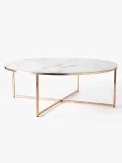 Mesa De Centro Grande Redonda Antigua, Tablero De Vidrio En Aspecto Marmol