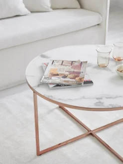 Mesa De Centro Redonda Antigua, Tablero De Vidrio En Aspecto Marmol