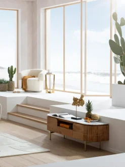 Mueble Tv Artesanal De Madera De Mango Y Marmol Grace