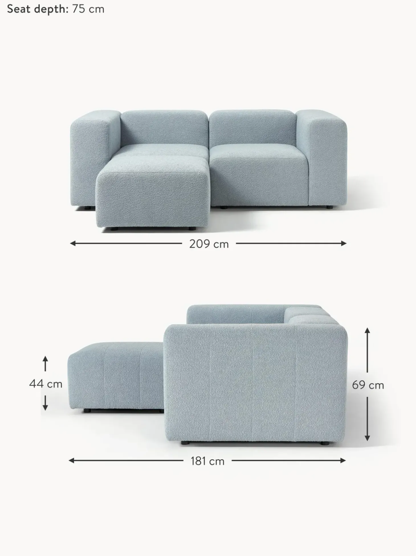 Sofa Modular Boucle Lena (3 Plazas), Con Reposapies